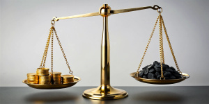 A balance scale: between gold coins on one side and coal