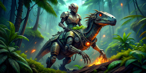 an android like robot full metal, riding a real organic velociraptor, in the jungle, going to war