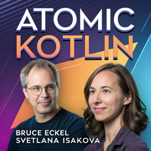 Cover of 'Atomic Kotlin', featuring Bruce Eckel and Svetlana Isakova. Dynamic color scheme with blue, purple, and orange. Modern, eye-catching design with stylized font and URL.