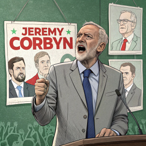 Jeremy Corbyn, wearing a grey suit and blue tie, giving an impassioned speech. He stands in front of a green wall covered in campaign posters for the upcoming election.