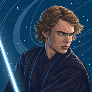 Anakin Skywalker, digital illustration, fierce expression. Dark blue background with swirling stars