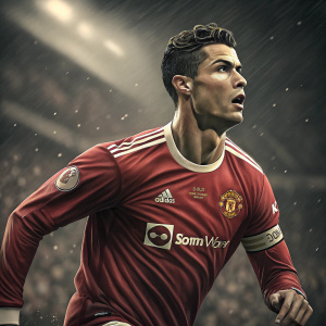 Cristiano Ronaldo, wearing Manchester United jersey, intense pose, blurred stadium background, soccer match