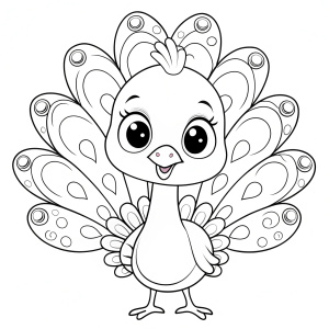 Black and white vector baby peocock, cartoon drawings for children to color, line work, outline, artistic.