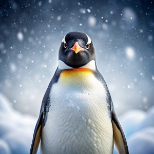 Portrait of a penguin full pic in snow .   on white background 