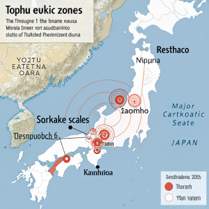 Interactive map showcasing Japan's seismic zones. Major earthquakes highlighted. Focus on Tōhoku earthquake and tsunami, with details on Richter scale, environmental and infrastructure damage.