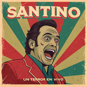 Poster para la película 'Santino' por Gustavo Lista. Cara de dibujos animados con boca abierta y dientes afilados. Sobre fondo vibrante con rojo, verde y otros tonos. Texto en español: 'Santino - Un Terror en Vivo'.