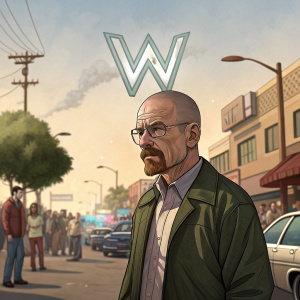 Walter White, from Breaking Bad, with a shaved head, a neatly trimmed mustache, and a stern look. He stands in front of a bustling street scene with the iconic 'W' symbol of the show floating above him.