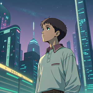 Shinji Ikari, central character from Evangelion, depicted in vibrant digital art. He sports a tidy short haircut, and his expression is somber. Wearing a long-sleeved shirt with a single button-down collar. Surrounded by a futuristic cityscape.