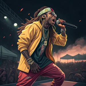 Lil Wayne, on stage at Coachella, performing energetically. Dark background, crowd visible