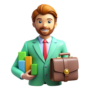 Generate 3D assets with a cartoon style featuring business and finance themes for microstock purposes. Include the following elements:

Cartoon 3d asets in various business attire, such as entrepreneurs, accountants, or executives.
Objects such as desks, laptops, and business documents that convey a sense of business activities.
Use bright and enjoyable colors that align with the cartoon style.
