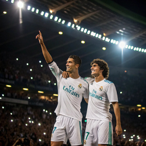 Cristiano Ronaldo and Jesus Vallejo during a post-match celebration. They wear Real Madrid jerseys and shorts. Stadium lights illuminate them against a sea of cheering fans.