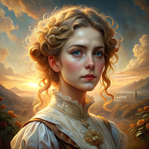 Marie Vanderlike portrayed by Samantha Lux in the painterly style of Artgerm and Rubens, 

cascades of long, 

curled hair framing her face, 

eyes sharp and luminous with detail, 

draped in a Victorian dress that embodies breathtaking intricacy, 

capturing the essence of a romantic mood, 

landscape stretching beyond, 

evoking a sense of wonder, 

painted in oils, 

vivid with the golden light of a setting sun, 

ultra fond blanc