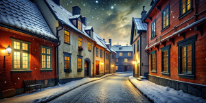 Street of a 19th century Stockholm. Winter, white fluffy snow lies on the pavement. Midnight, dark starry sky. Snow is falling. Stone houses with red tiled roofs, wooden window frames, wooden doors. The windows are lit from the inside with dim, weak light. Christmas decorations and garlands on the windows and doors. A church in the distance.