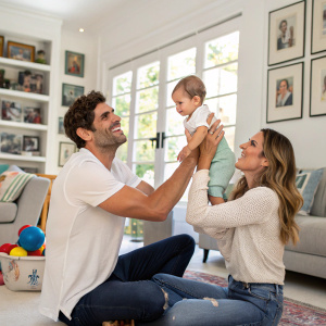 Mark Philippoussis, Silvana Lovin, and their baby Nicholas in a playful family moment at home. Living room setting with natural lighting.