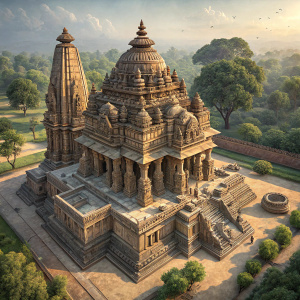 Aerial view of the Kandariya Mahadeva Temple. Located in Khajuraho, Madhya Pradesh, India. UNESCO World Heritage Site. Ornate stone sculptures and intricate carvings on columns. Focus on weathered stone details.