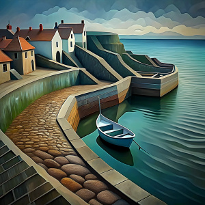 St Monans harbour in Fife with boats,Curvilinear style of Mandy Budan,acrylic painting,wide angle