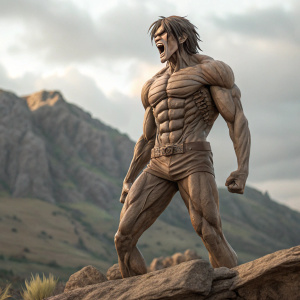 Eren Yeager from Attack on Titan. Realistic sculpture, muscular, standing on rugged terrain. Angry expression, detailed textures