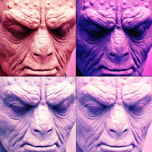 Concept art for John Carter's alien redesign. Multiple close-up shots of the alien's face in a grid format, showcasing different skin textures and color variations in shades of brown, gray, and green.