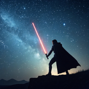 Poster for Star Wars: The Force Awakens. Silhouette figure wielding a lightsaber against a starry night sky.