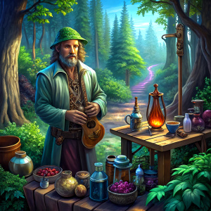 man selling instruments and glass in the old town, forest background