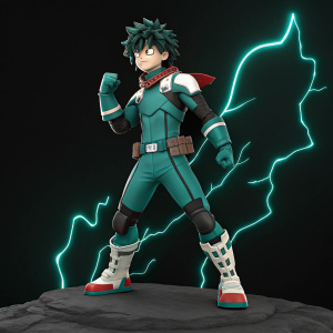 3D render of Midoriya Izuku from My Hero Academia. He stands in a heroic pose against a black background with glowing teal lines forming a dramatic aura around him