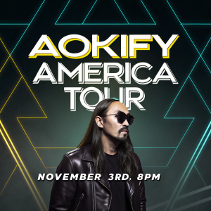 Steve Aoki's Aokiify America Tour poster. Mysterious figure in leather jacket and sunglasses. Long hair. Night of November 3rd, 8PM concert. Ticket prices vary. Geometric patterns against dark background.