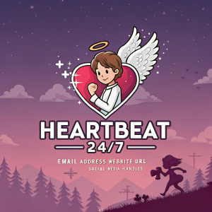 Pixel art logo for Heartbeat 24/7. Centered heart, angel figure. Purple gradient background. Retro style, classic video game aesthetic. Contact info: email, website, social media handles.