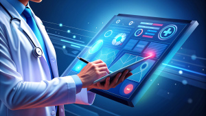 EMRs, Electronic Medical Record system. Doctor using digital tablet recoding, analyzing digital patient's personal health history and information on digital document, global health technology