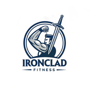 A logo design for the 'IronClad Fitness' gym. It features a muscular arm wielding a sword, with the gym's name 'IronClad Fitness' written in sleek, modern font beneath.