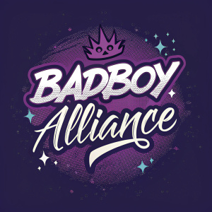 Digital artwork featuring the slogan 'Badboy Alliance' rendered in graffiti style. Predominantly dark shades with accents of purple and white. The composition evokes a retro comic book aesthetic, complete with a stylized logo at the top.