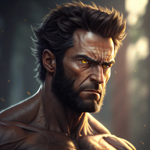 Close-up portrait of Wolverine, intense facial expression, detailed muscles, dramatic lighting.