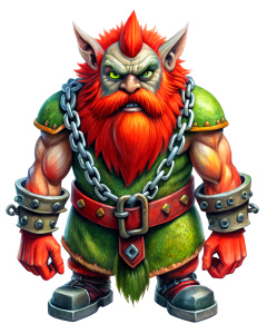 bad and angry dwarf world of warcraft illustration, red accessories, monster prisoner with chains, vintage cartoon effect, white background