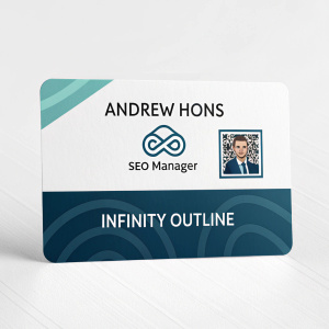 Digital mockup of a business card for Andrew Hons. SEO Manager at Infinity Outline. Modern design, clean and professional look. Includes Infinity Outline logo, QR code, email, phone number, and website URL.
