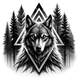 valknut runes pattern geometric symbols - wolf and trees - tattoo design - perfect realistic art - high-definition - grey and black - white background 