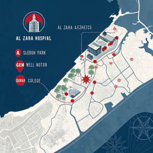 Interactive map of Dubai's Al Zahra district. Features Al Zahra Aesthetics, Al Zahra Hospital, and other landmarks such as Al Sufou Park, GEM Well Notor, Durah College, and various hotels. Navigable roads and paths. Dark blue background with white and red accents.