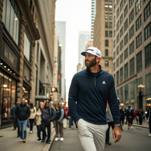 Dustin Johnson, with beard and white cap, walking through a bustling city street.