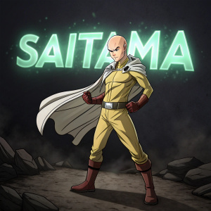 Saitama from the anime One Punch Man, with a bald head, standing in a heroic pose. Wears simple clothes, belt, and boots. Dark background with neon green text.