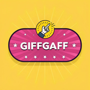 Giffgaff's eye-catching digital logo. Bright pink bar, cartoon hand pointing, bold yellow background, modern flat design, central focus.