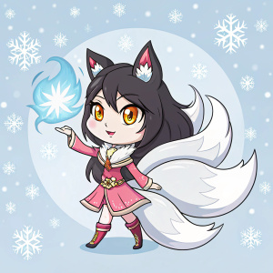 Ahri, from League of Legends, in a cute chibi style. Pink dress with magical aura. Snowflake patterned backdrop