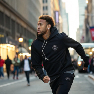 Neymar Jr., dynamic pose on a bustling city street, wearing a casual black hoodie with a logo, intense look.