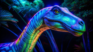 Brachiosaurus, the picture black light Brachiosaurus head, without words,zoo on backgroung, looks to the left