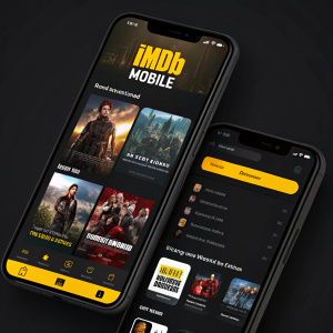 Screenshot of IMDB mobile app. Dark theme with yellow highlights. Thumbnails of movies and TV shows, IMDB logo prominently displayed.