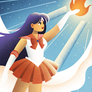 Sailor Mars from Sailor Moon series in an intense pose. Flame emerging from hand. Purple hair cascades over shoulders. Sailor Moon-style attire, red skirt, and bow. Dark, starry background with dramatic lighting