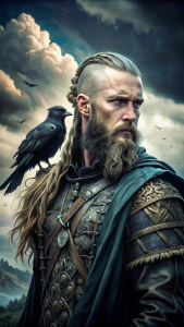 Ragnar con un cuervo en el hombro. Personaje: Pelo rapado a los costados, suelto con trenzas finas en los laterales, barba densa. Vestimenta: Capa sobre armadura de cuero. Entorno: Campo de batalla, con cielo nublado de fondo.