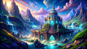 elegant heaven background, a glass palace, mountains, rivers