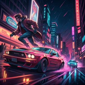 An action-packed scene from 'Baby Driver'. Neon-lit city at night, car speeding through the streets. Characters in mid-action, vibrant colors.