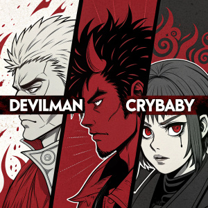 Promotional artwork for 'Devilman Crybaby' anime series. Vibrant reds contrasted with stark black and white. Multiple character designs, fierce and serene expressions. Art style blends sketchy lines with bold graphics. Typography in bold, stylized font.