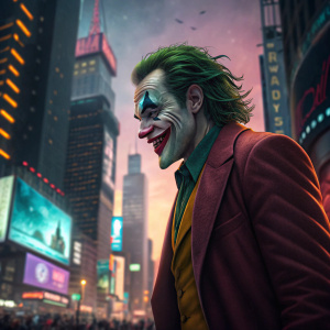High-definition concept art of The Joker. Bright, colorful cityscape background.