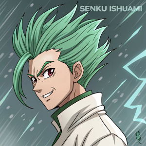 Digital art featuring Senku Ishigami from Dr. Stone. Anime style, green hair, confident expression. Abstract background with glitch effects. Artist's signature visible.
