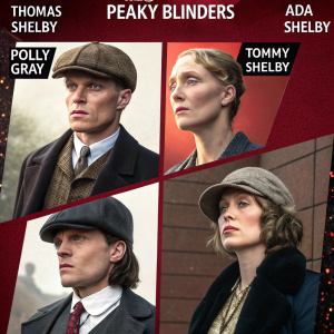 A promotional poster for Peaky Blinders featuring main characters Thomas Shelby, Ada Shelby, Polly Gray, and Tommy Shelby. Arranged in a grid layout, each in vintage attire typical of early 20th century Birmingham.